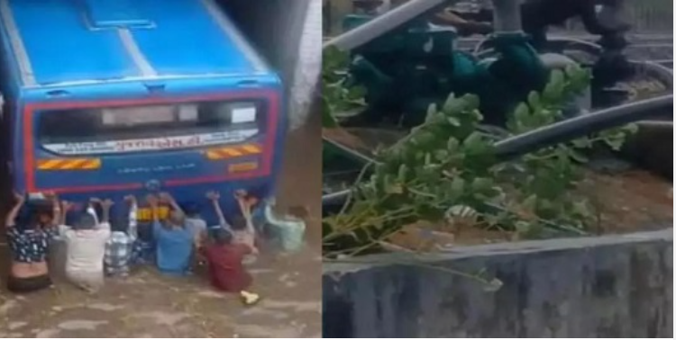 पहिलीच झमाझम बरसात मं डहरा गे तैयारी के दावा : गोंडल के अंडरब्रिज मं फंसिस यात्री बस, 30 जिनगी ऊपर मंडराइस खतरा